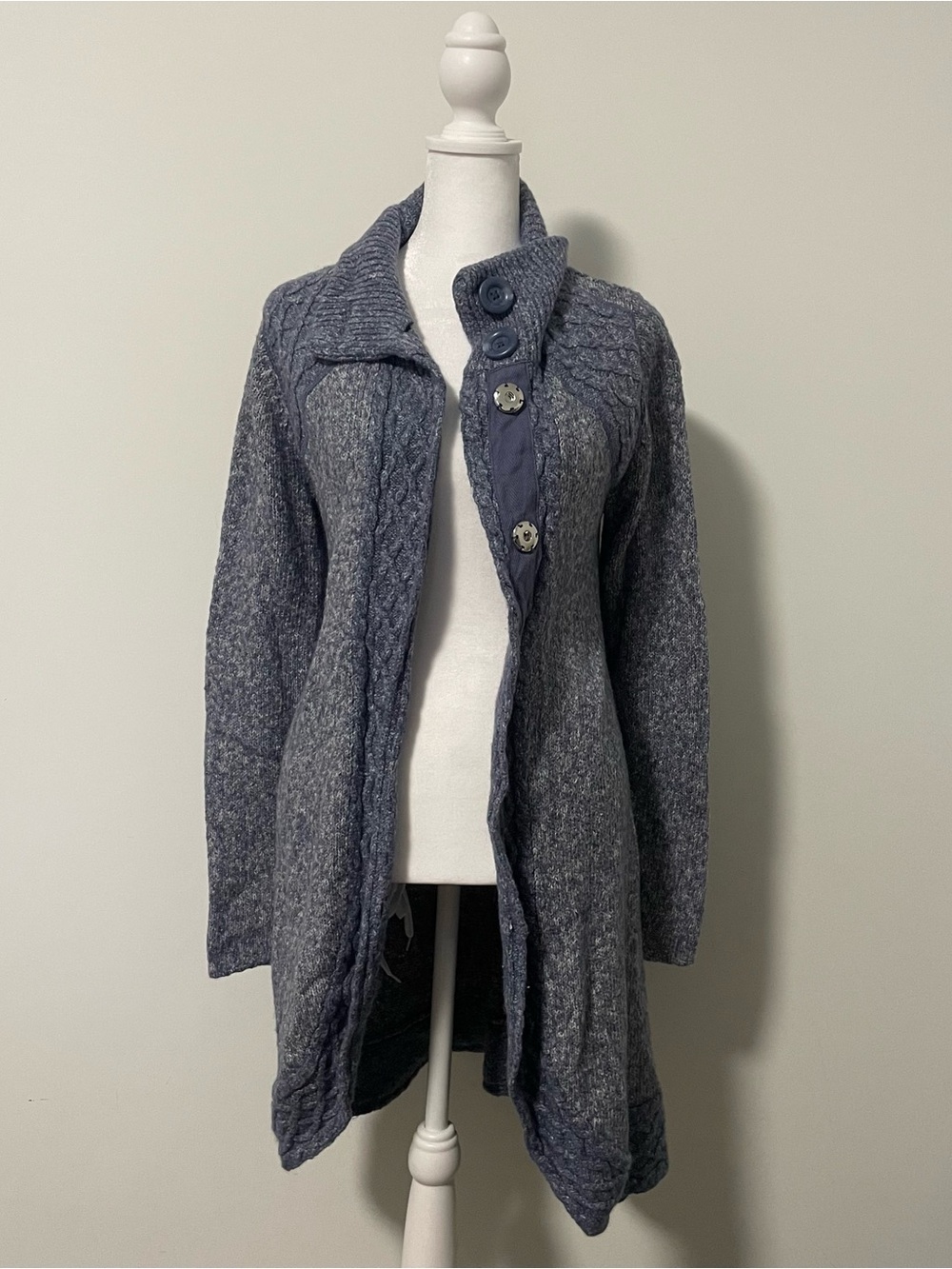 Prana Heathered Blue Gray Long Knit Button-Front Cardigan